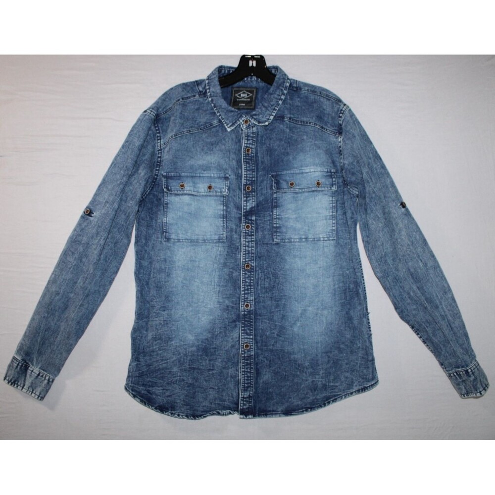 Rok Denim Blue Shirt Mens Large Long Sleeve Faded Roll Up Cotton Blend